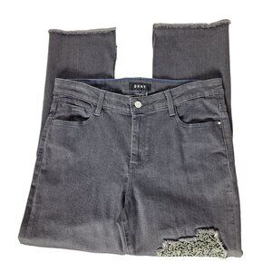 DKNY Women's Skinny Jeans Gray Sequined Cropped Ripped Denim 28